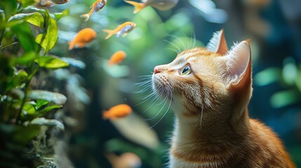 playful orange tabby cat watching colorful tropical fish swim in a glass aquarium, with lush green plants creating a vibrant and curious indoor scene