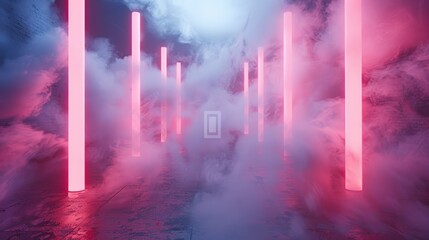 Futuristic E-Sport Event Background with Neon Lights and Smoke Effects in a Dark Room