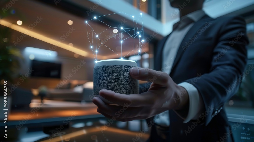 Poster businessman push on ai smart home device automation voice speaker technology to control network digi