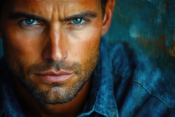 Fototapeta premium The Mysterious Encounter: The Man in the Blue Shirt and His Hidden Secrets