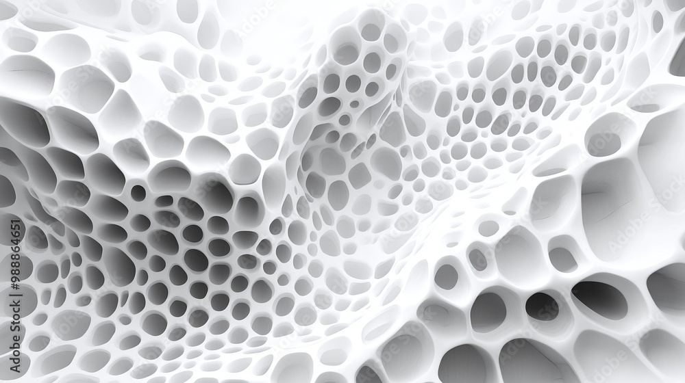Poster innovative architectural design with an abstract white honeycomb structure, organic geometric patter