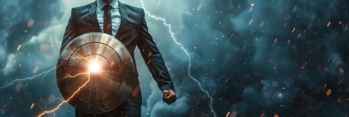 Businessman turned into thunder warrior,holding a lightning sword and shield ,preparation, protection, precaution and security in business concept
