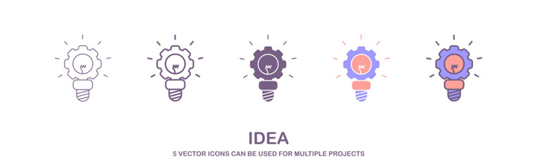 Idea icon set. Creative, business, solution, brainstorming, innovation, Lightbulb, brain, meeting, thinking and management. Editable stroke icons collection, a set of icons with 5 different styles