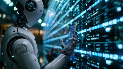 Fototapeta premium businessman using smartphone and data searching by method chatting with intelligent artificial intelligence. ChatBOT Chat with AI or Artificial Intelligence technology. Futuristic technology auto chat