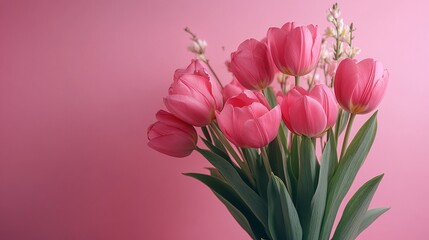 Fototapeta premium fresh bouquet of pink tulips on a pink background, showcasing elegant floral beauty with soft petals and bright spring blossoms, perfect for romantic decor