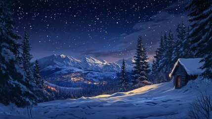 Fototapeta premium peaceful winter night scene from the mountain peak with a breathtaking view of the snowy landscape, illuminated by the moonlight and surrounded by the wilderness