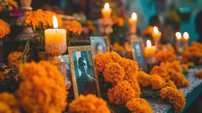 A detailed ofrenda filled with candles
