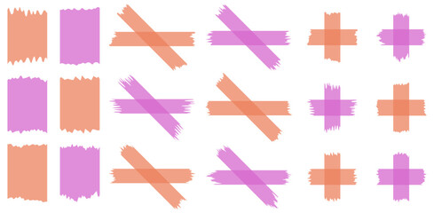 Set of pink and orange semi-transparent washi tapes isolated on white. Tapes collection in vector. Pieces of decorative tape for scrapbooks. Torn paper