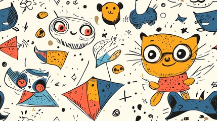 Colorful Seamless Monster Doodles Pattern with Cute and Whimsical Cartoon Creatures for Kids' Designs and Creative Projects