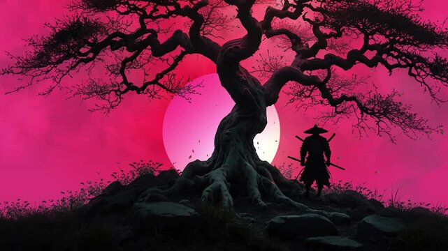 Samurai Standing Under The Cherry Blossom Tree. A Samurai Standing Chinese Tree Motion Animation Background. Chinese Samurai Background. And Animation Background. Sun And Tress Chinese Motion 2d Anima