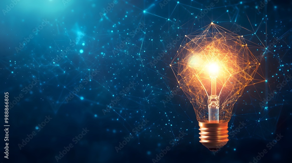 Poster a glowing light bulb formed by a network of connected lines and dots on a blue background