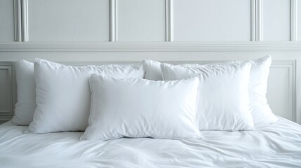 soft white pillows on a minimalist white bed featuring cozy bedding and a serene atmosphere, ideal for creating a peaceful and relaxing bedroom decor