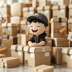 Fototapeta premium Cheerful Delivery Worker Surrounded by Cardboard Boxes in a Warehouse Setting, Smiling and Enjoying the Work Environment