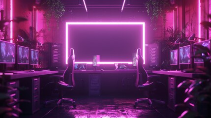 Futuristic eSports Event Background with Neon Lights and Gaming Setups in a Modern Gaming Arena