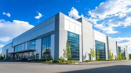 Contemporary warehouse exterior for cargo transport and logistics with car service facilities
