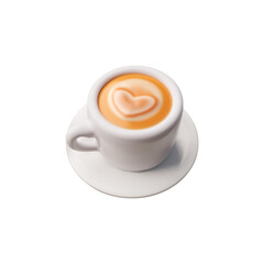 Cup with coffee on a saucer 3D cartoon vector icon, realistic cappuccino with heart shape milk foam, latte drink cream