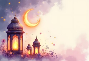 Fototapeta premium Ramadan kareem greetings design moon with lantern. Eid mubarak. islamic greeting card. Lanterns style with golden moon on purple background. Vector illustration 