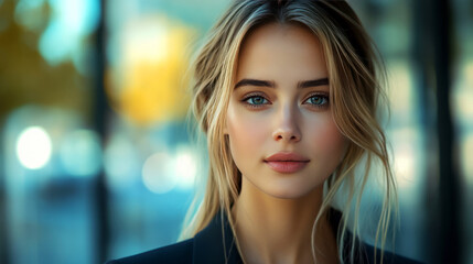Obraz premium A close-up portrait of a young woman with striking blue eyes and long, wavy hair, exuding confidence and beauty in a softly blurred urban background.