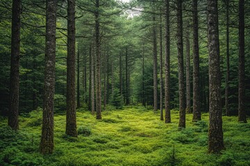 Obraz premium Enchanted Wilderness: Exploring the Majestic Tall Green Trees of a Thick Forest