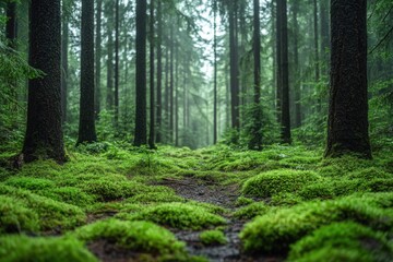 Fototapeta premium Enchanted Wilderness: Exploring the Majestic Tall Green Trees of a Thick Forest