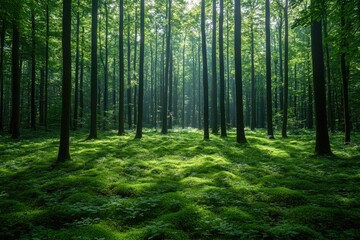 Obraz premium Enchanted Wilderness: Exploring the Majestic Tall Green Trees of a Thick Forest