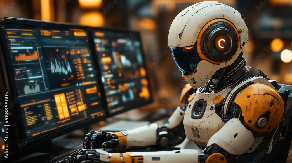Poster a futuristic robot operates multiple screens, showcasing data analysis in a high-tech, illuminated e