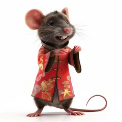 Cartoon cute and smiling rat wearing Chinese New Year celebration clothes isolated on white background. 3D Rendering