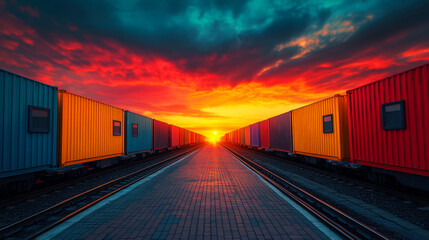 Obraz premium A vibrant sunset behind colorful shipping containers, creating a scenic view along the railway, with the horizon illuminating the sky.