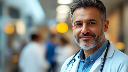 Fototapeta premium A confident male doctor smiles warmly in a hospital setting, showcasing professionalism and approachability.