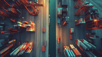 An aerial view of a bustling container port at sunset.