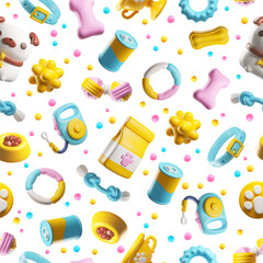 Cute seamless pattern with dog, toys and accessories 3D vector, cartoon pet care supplies, feed and entertainment store