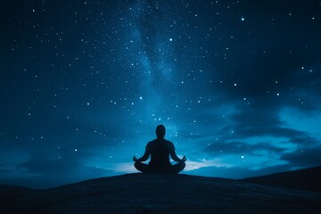 A peaceful silhouette meditates under a starry sky. The vastness of space inspires calm thoughts. Perfect for mindfulness and yoga themes. Generative AI