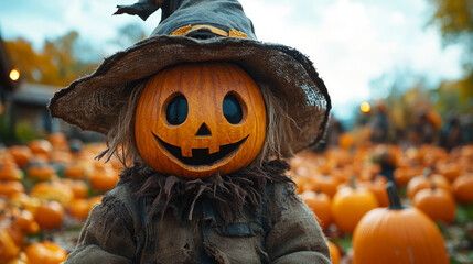 A cheerful scarecrow with a pumpkin head stands among a field of pumpkins, embodying the festive spirit of autumn and Halloween.