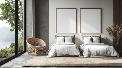 serene modern bedroom with natural textures and light showcasing two art posters on the wall, perfect for a relaxing home decor atmosphere with a poster mockup