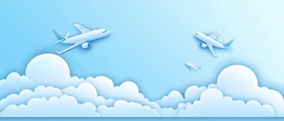 Fototapeta premium Airplanes flying in a blue sky with fluffy clouds, minimalistic design.