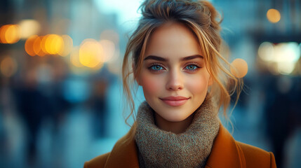 Obraz premium A close-up portrait of a young woman with natural beauty, featuring soft lighting, a cozy sweater, and a warm background of glowing lights.