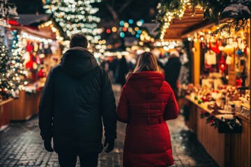 Fototapeta premium Couple Enjoying Christmas Market market coat sweatshirt.