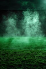 Dark green smoke field, light fog, stadium mist, green grass cloud, night soccer field, poison dust, floating sport, dirty transparent, sapphire hues,