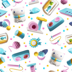 Seamless pattern with 3D cute cat, feed bowl, cat house cage, fish in aquarium, pet toys, accessories, vector products