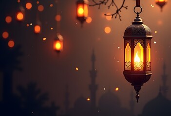 Ornamental Arabic lantern with burning candle glowing at night. Festive greeting card, invitation for Muslim holy month Ramadan Kareem.
