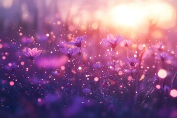 Delicate purple flowers glowing in the warm light of sunset with shimmering details in a serene outdoor setting