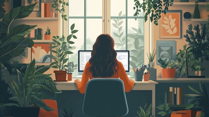 Fototapeta premium young woman student remote working from home on her computer desk highlighting a flexible schedule and modern online learning in a comfortable and casual workspace