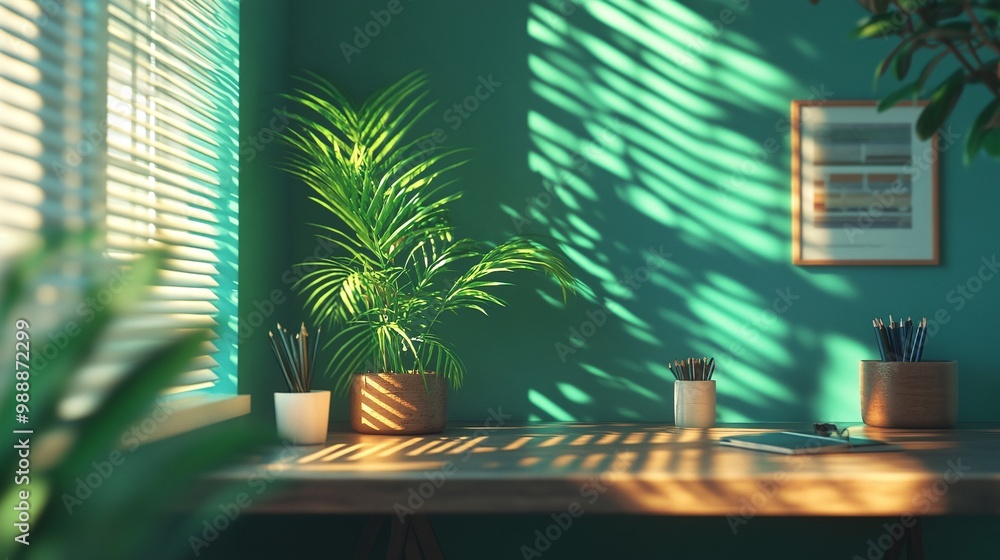 Poster desk with plants in a modern interior near a window with light and shadows creating a natural and cl