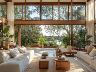 Obraz premium A large living room with a white couch and a white chair. There are two potted plants in the room