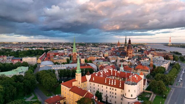 Aerial view of the Riga Old Town at sunset in Latvia.