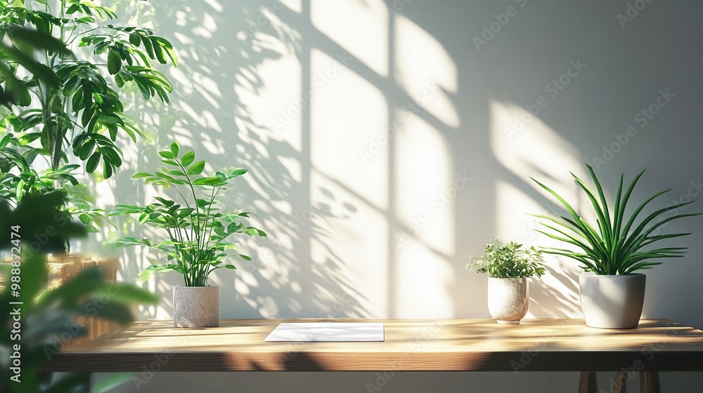 Poster desk with plants in a modern interior near a window with light and shadows creating a natural and cl