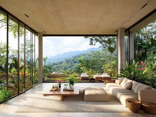 Fototapeta premium A living room with a large window overlooking a mountain. The room is furnished with a couch, a coffee table, and a few potted plants