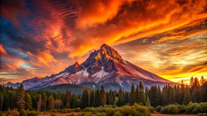 Vibrant dawn sky is ablaze with hues of crimson, amber, and gold, as the majestic mountain silhouette stands tall, its rugged contours etched against the psychedelic background