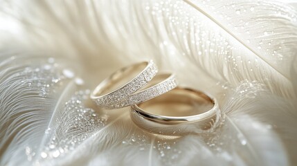 beautiful wedding rings on a soft light feather background showcasing elegant jewelry and love commitment for romantic wedding invitations and celebration