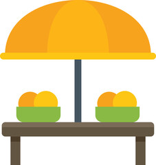 Illustration of a street market stall with a yellow umbrella and oranges on the table selling fresh squeezed juice